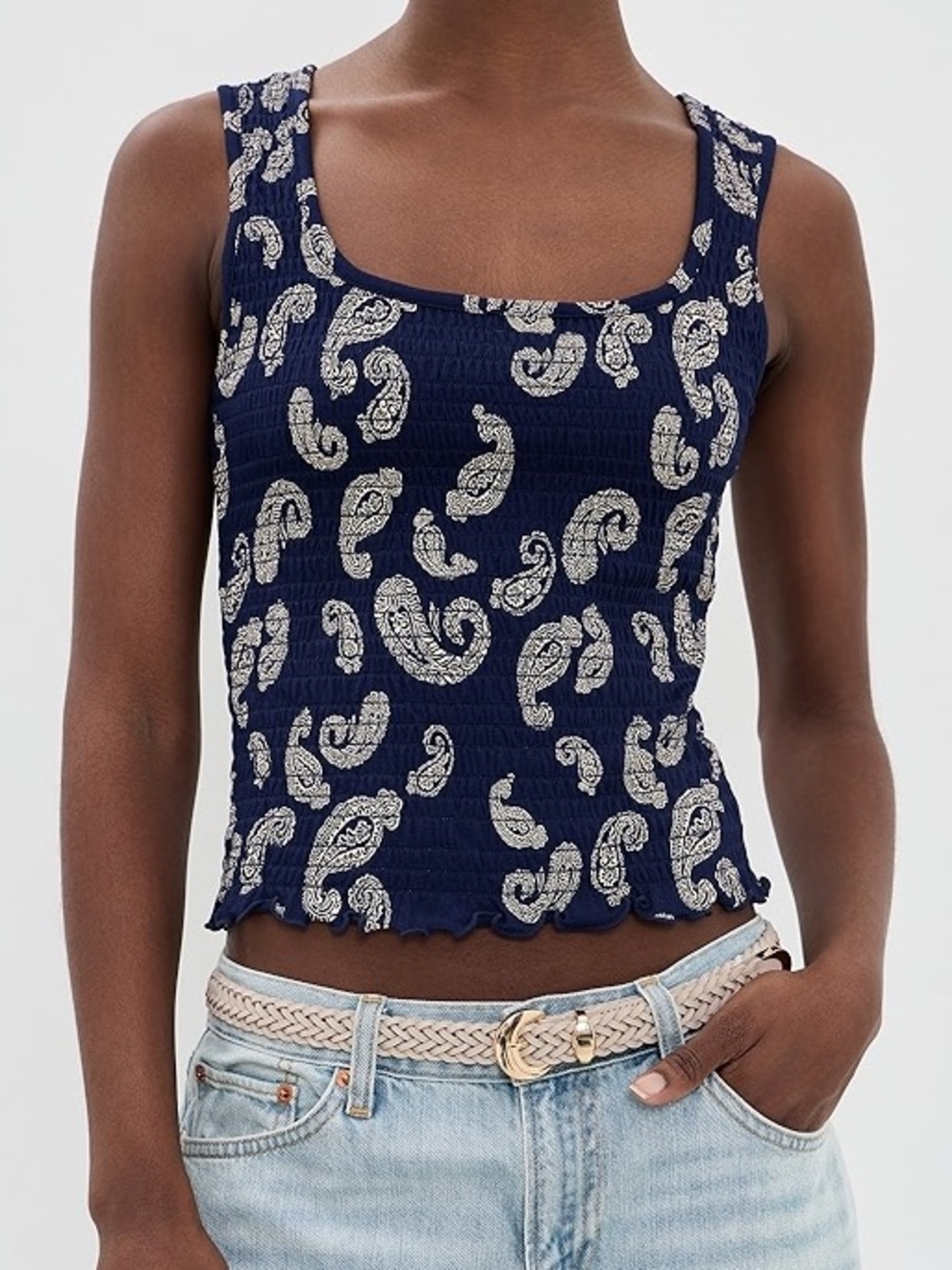 NWT Madewell Paisley Smocked Tank Top XS Navy White Square Neck Shopbop